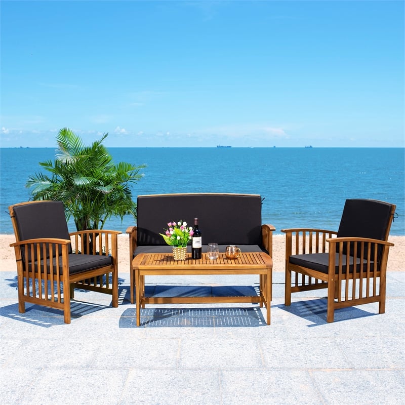 Safavieh Rocklin Wood 4 Pc Outdoor Set in Natural / Black