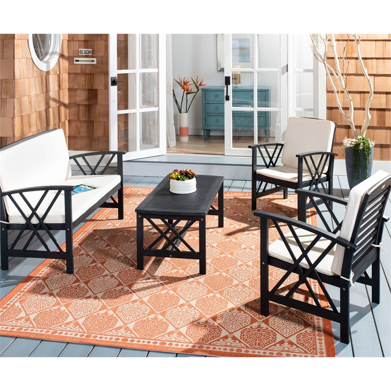 Safavieh Fontana Wood 4 Pc Outdoor Set  in Black / Beige