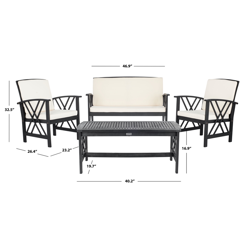 Safavieh Fontana Wood 4 Pc Outdoor Set  in Black / Beige