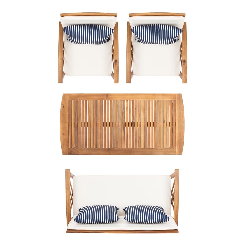 Safavieh Fontana Wood  4 Pc Outdoor Set  in Natural / Beige / Navy / White