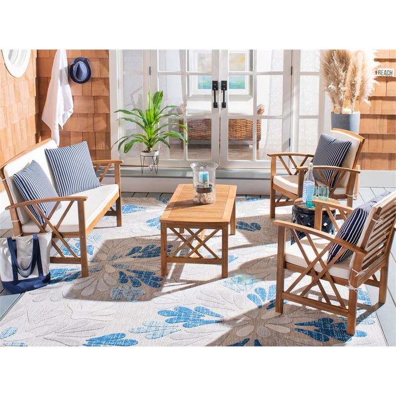 Safavieh Fontana Wood  4 Pc Outdoor Set  in Natural / Beige / Navy / White