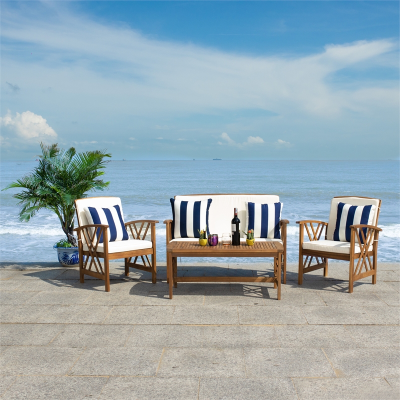 Safavieh Fontana Wood  4 Pc Outdoor Set  in Natural / Beige / Navy / White