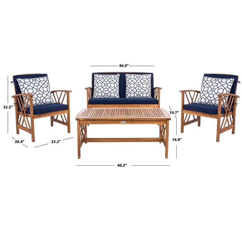 Safavieh Fontana  Wood 4 Pc Outdoor Set in Natural / Navy