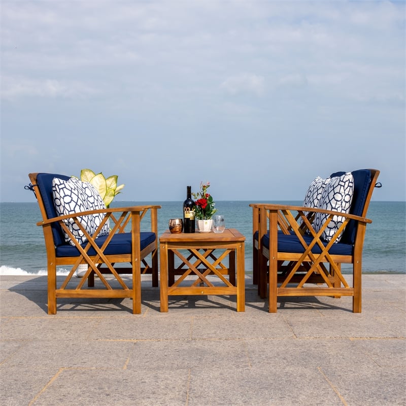 Safavieh Fontana  Wood 4 Pc Outdoor Set in Natural / Navy