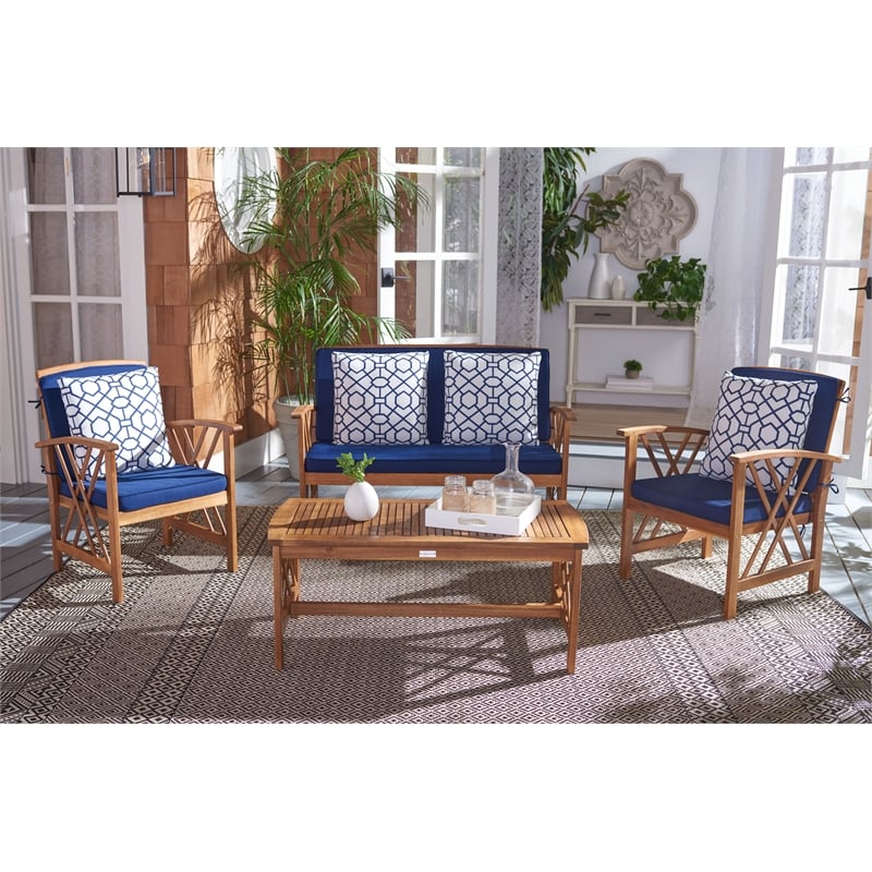 Safavieh Fontana  Wood 4 Pc Outdoor Set in Natural / Navy
