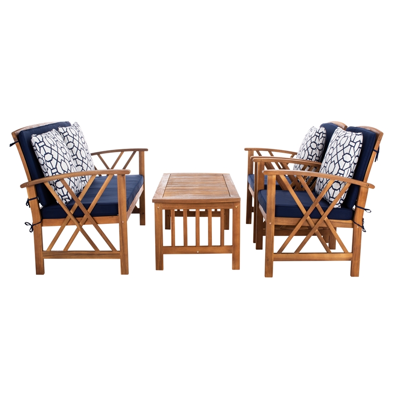 Safavieh Fontana  Wood 4 Pc Outdoor Set in Natural / Navy