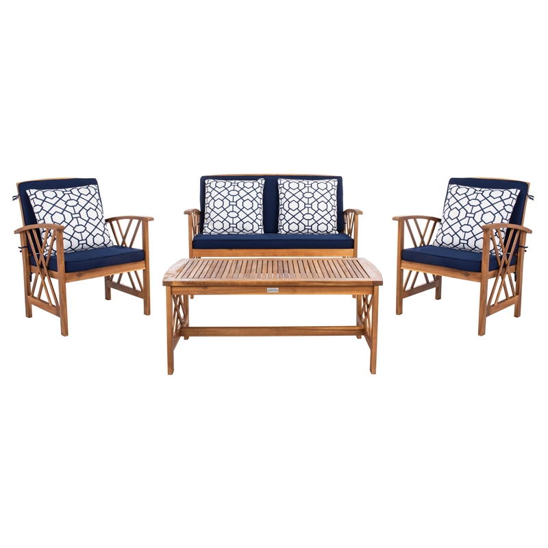 Safavieh Fontana  Wood 4 Pc Outdoor Set in Natural / Navy