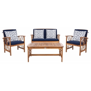 Safavieh Fontana  Wood 4 Pc Outdoor Set in Natural / Navy