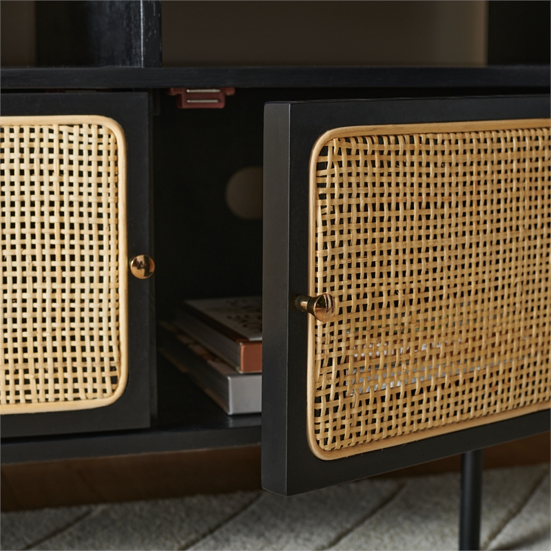 Safavieh Karol Wood and Iron 3 Door Cane Media Stand in Black / Natural