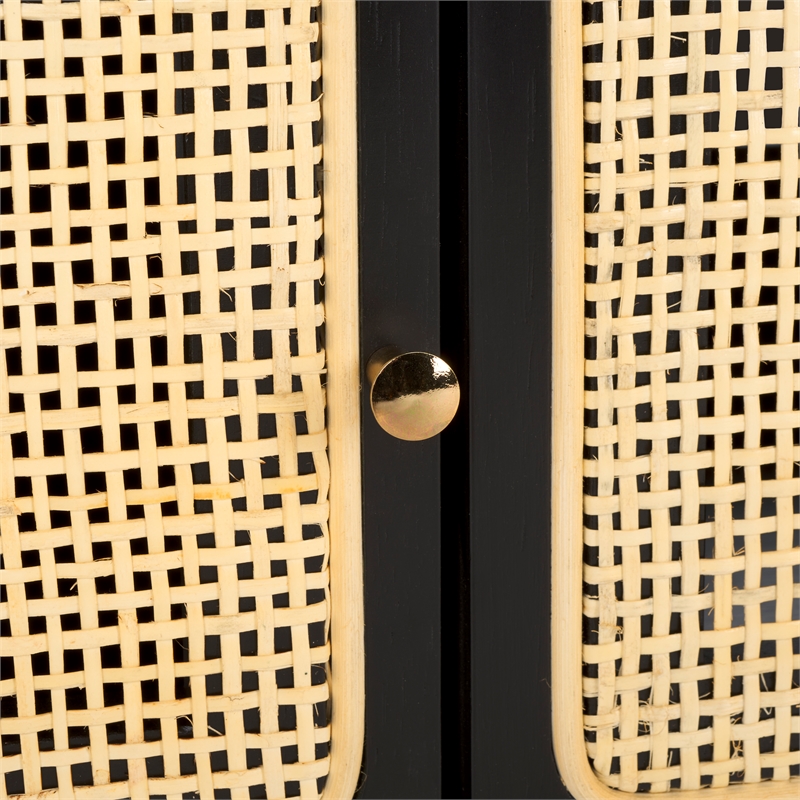 Safavieh Karol Wood and Iron 3 Door Cane Media Stand in Black / Natural