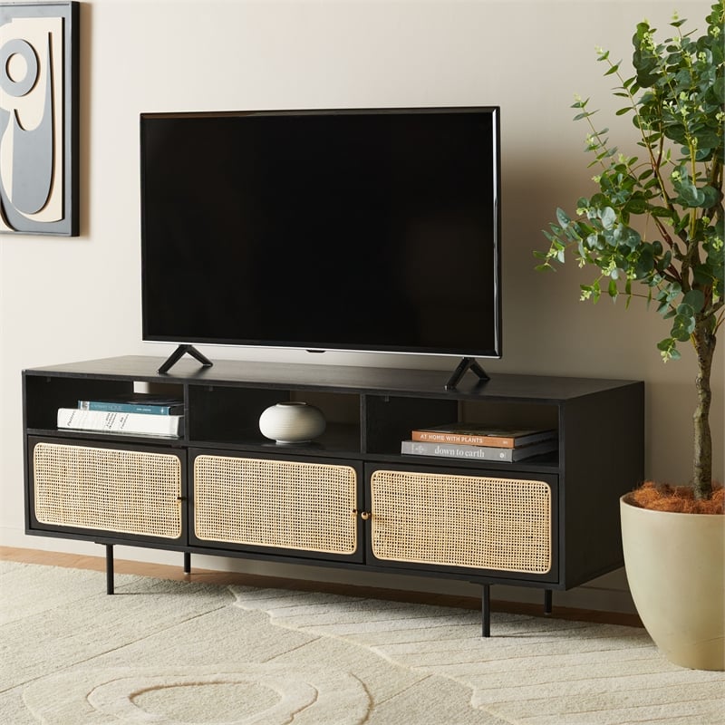 Safavieh Karol Wood and Iron 3 Door Cane Media Stand in Black / Natural