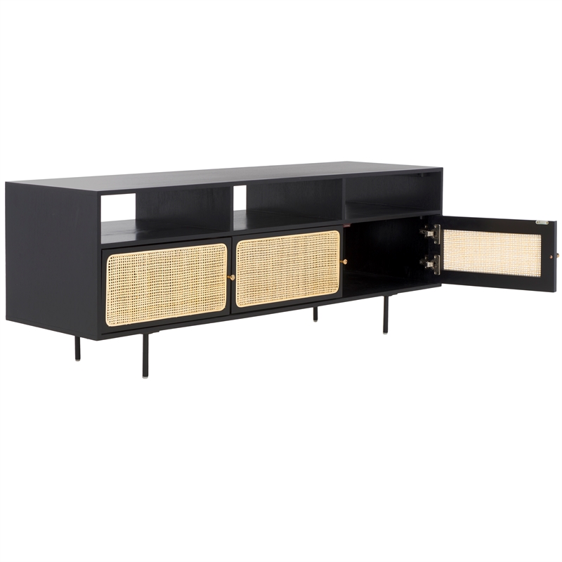 Safavieh Karol Wood and Iron 3 Door Cane Media Stand in Black / Natural