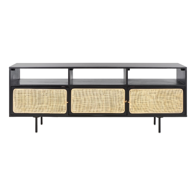 Safavieh Karol Wood and Iron 3 Door Cane Media Stand in Black / Natural