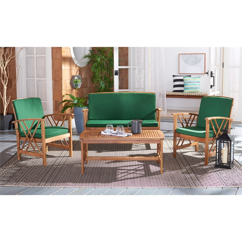 Safavieh Fontana Wood 4 Pc Outdoor Set in Natural / Green