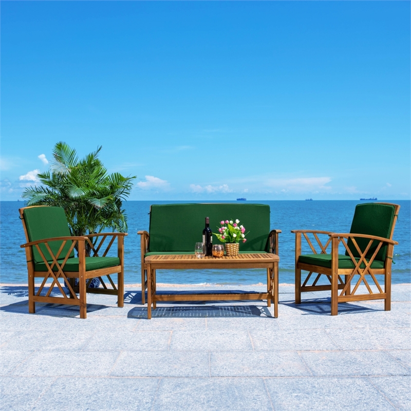 Safavieh Fontana Wood 4 Pc Outdoor Set in Natural / Green