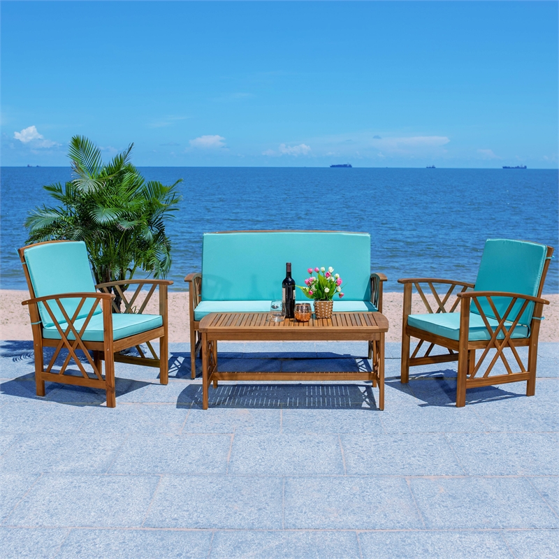 Safavieh Fontana Wood 4 Pc Outdoor Set  in Natural / Aqua