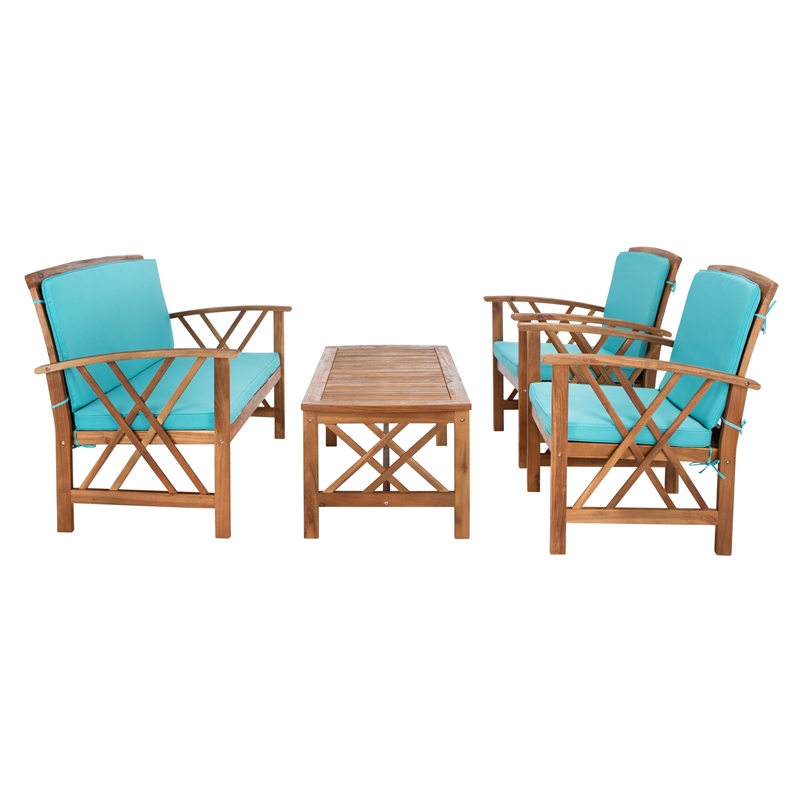 Safavieh Fontana Wood 4 Pc Outdoor Set  in Natural / Aqua