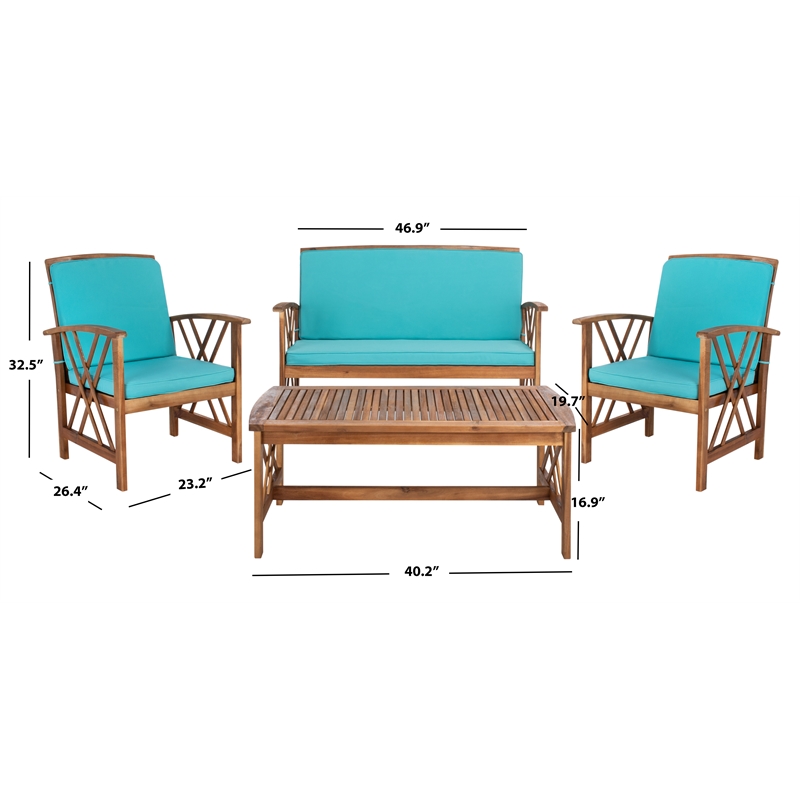 Safavieh Fontana Wood 4 Pc Outdoor Set  in Natural / Aqua