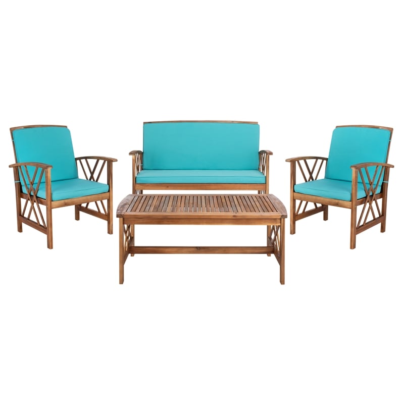 Safavieh Fontana Wood 4 Pc Outdoor Set  in Natural / Aqua