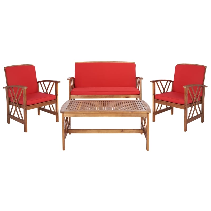 Safavieh Fontana Wood 4 Pc Outdoor Set in Natural / Red