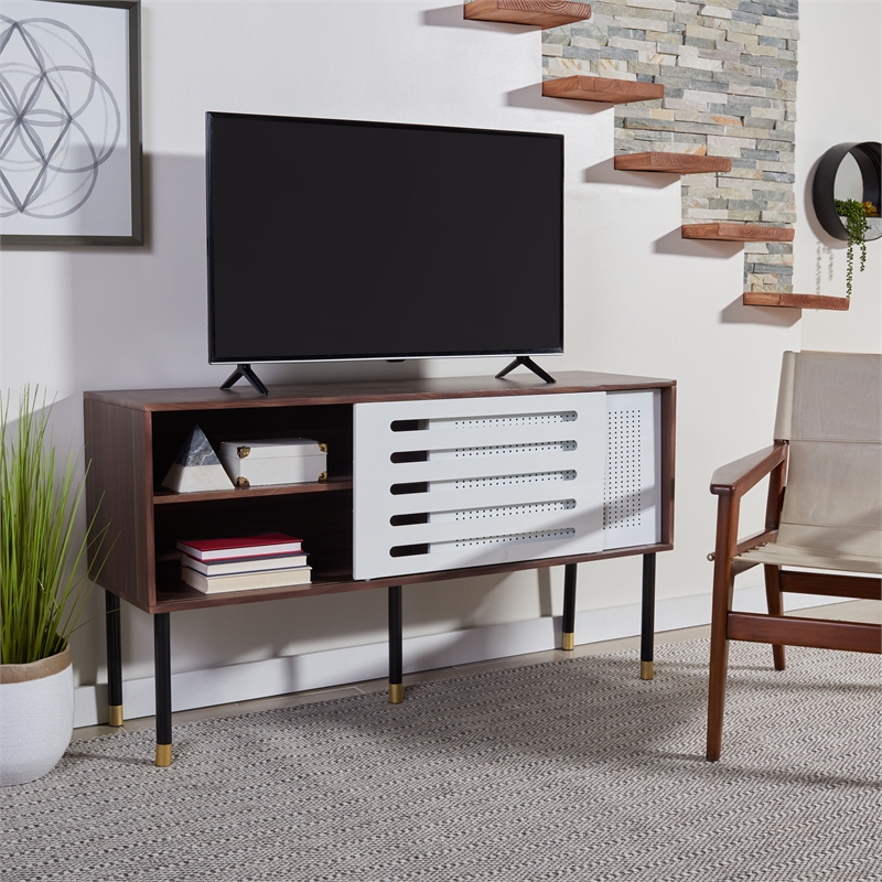 Safavieh Shiloh Wood and Metal Media Stand in White / Walnut