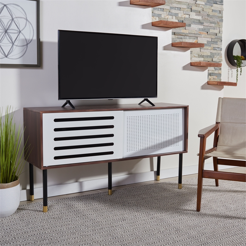 Safavieh Shiloh Wood and Metal Media Stand in White / Walnut