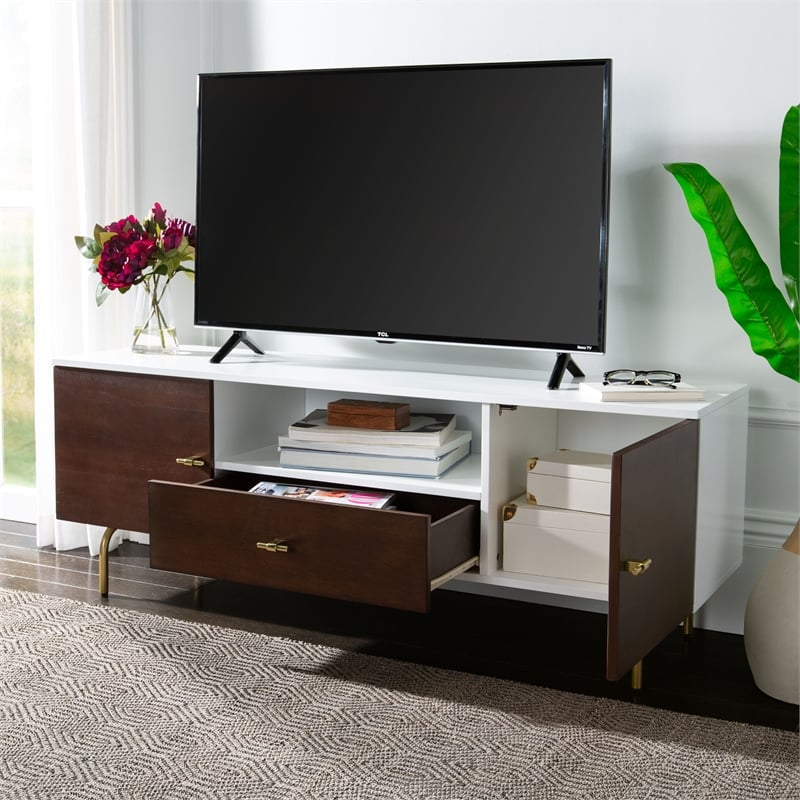 Safavieh Genevieve Wood and Metal Media Stand  in Walnut / White