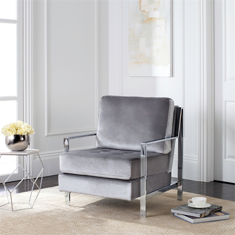 Safavieh Walden Wood and Polyester Velvet Accent Chair in Light Gray