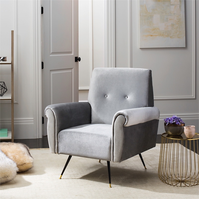 Safavieh Mira Wood and Polyester Velvet Accent Chair in Light Gray