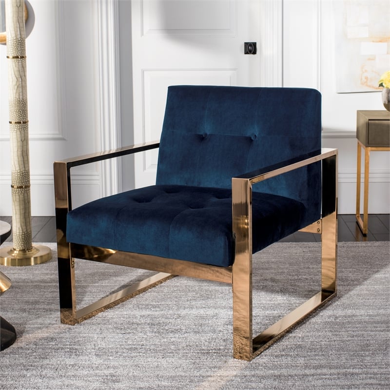Safavieh Vasco  Brass Plated and Polyester Velvet Accent Chair in Navy