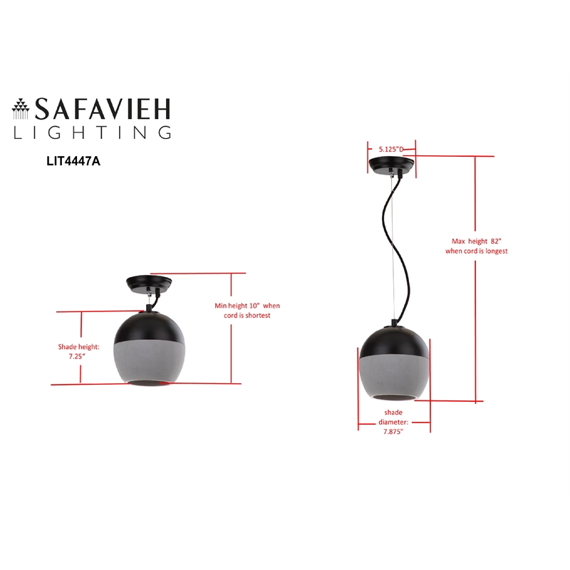 Safavieh Kira Concrete and Iron Pendant Lamp in Gray / Black