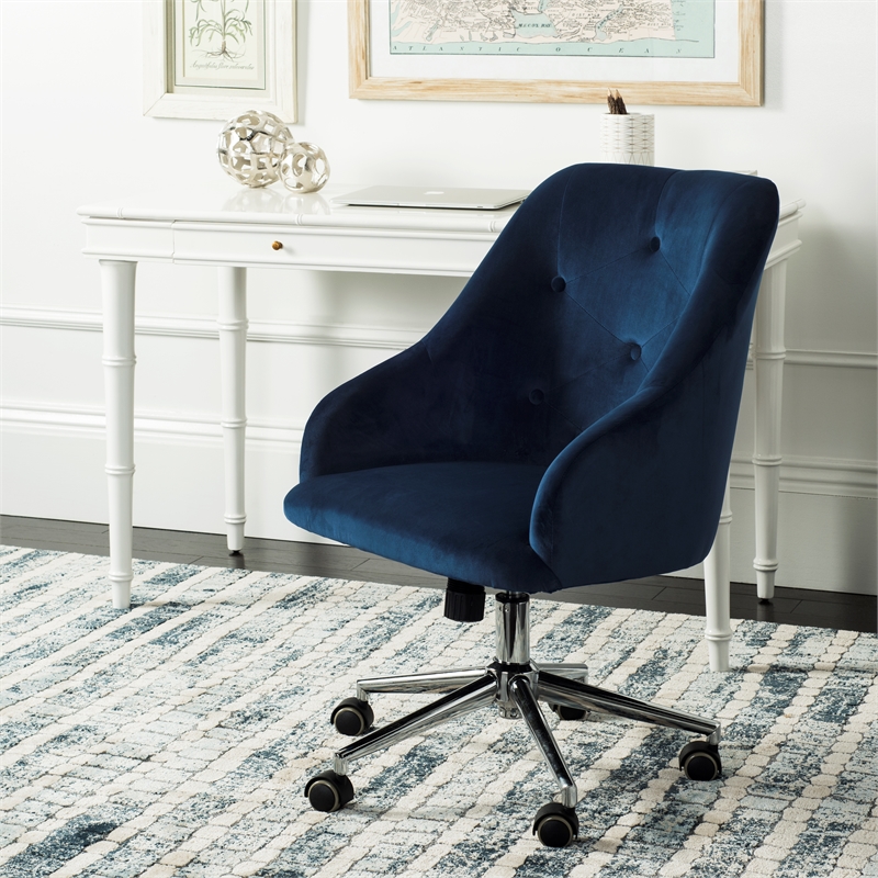 Safavieh Evelynn Wood and Metal Tufted Swivel Office Chair inNavy/Chrome