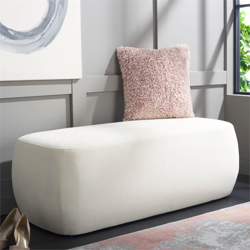Safavieh Whitley Wood and Velvet Rectangular Ottoman in Cream