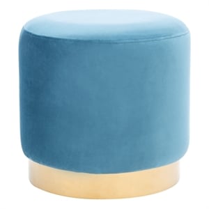 Safavieh Azai Velvet and Wood Round Ottoman in Blue / Gold