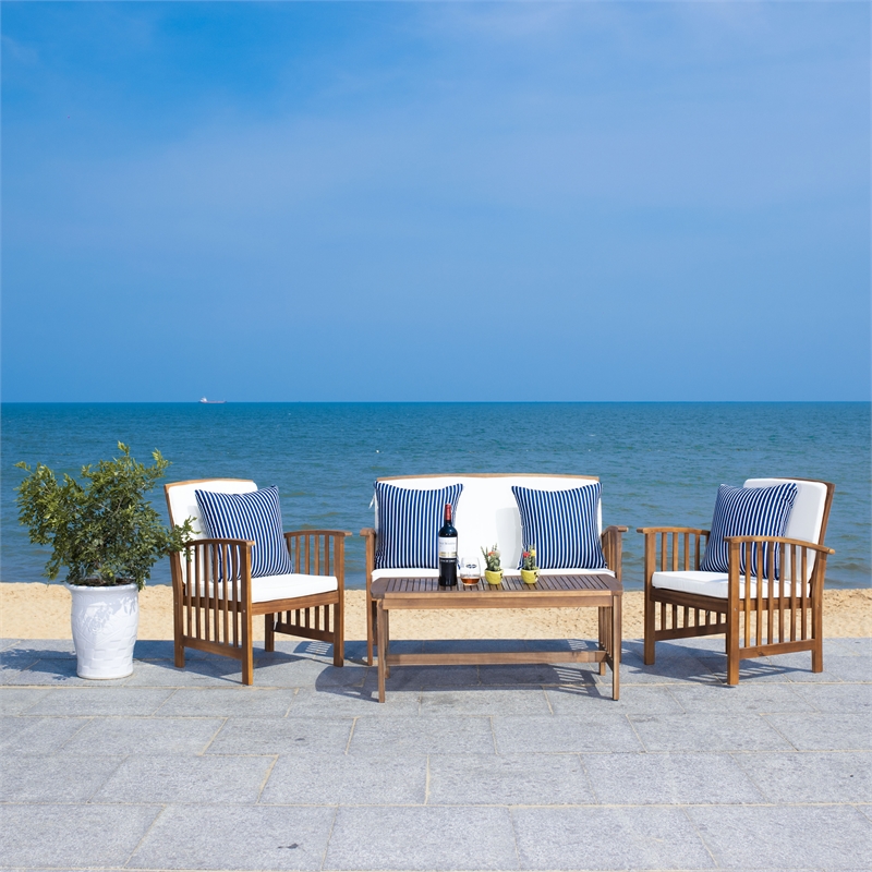 Safavieh Rocklin Wood  4 Pc Outdoor Set in Natural / Beige / Navy / White