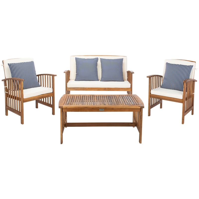 Safavieh Rocklin Wood  4 Pc Outdoor Set in Natural / Beige / Navy / White