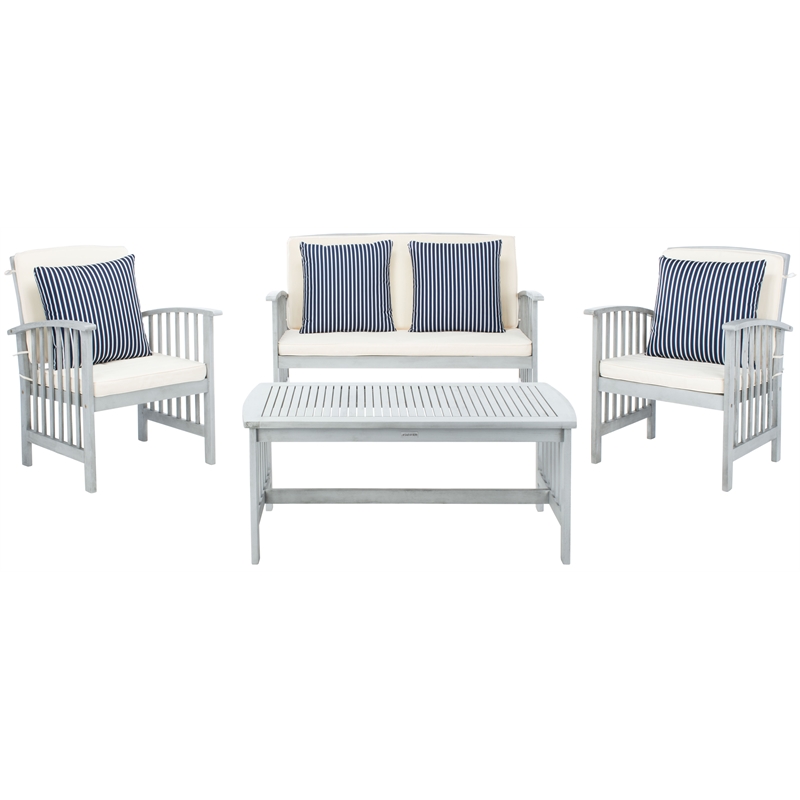 Safavieh Rocklin Wood  4 Pc Outdoor Set  in Gray / Beige/ Navy / White