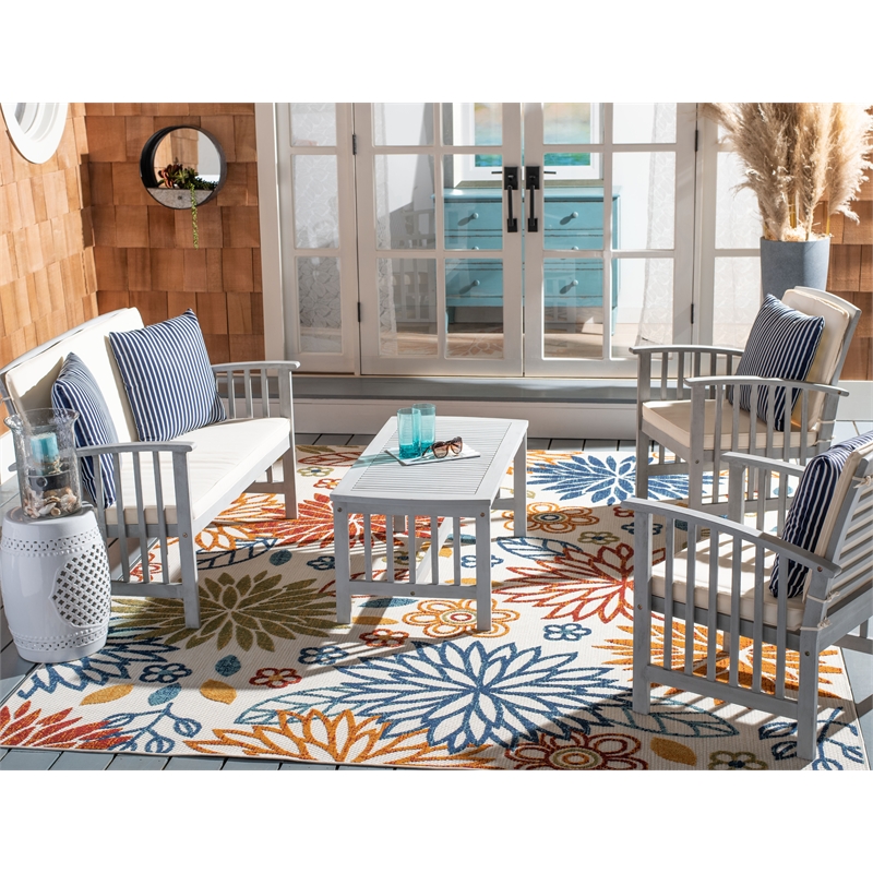 Safavieh Rocklin Wood  4 Pc Outdoor Set  in Gray / Beige/ Navy / White