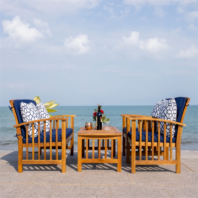 Safavieh Rocklin Wood 4 Pc Outdoor Set  in Natural / Navy