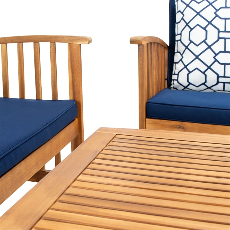 Safavieh Rocklin Wood 4 Pc Outdoor Set  in Natural / Navy