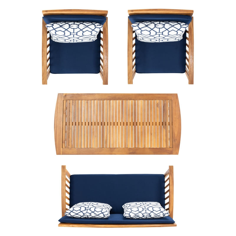 Safavieh Rocklin Wood 4 Pc Outdoor Set  in Natural / Navy