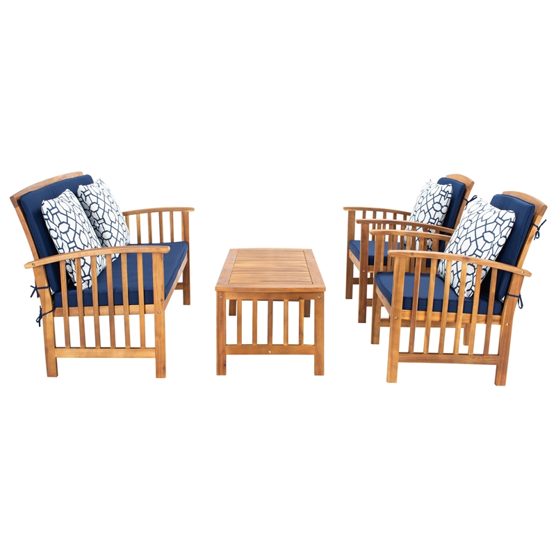 Safavieh Rocklin Wood 4 Pc Outdoor Set  in Natural / Navy