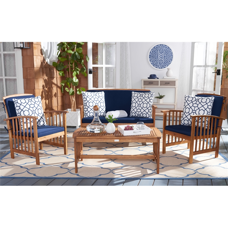 Safavieh Rocklin Wood 4 Pc Outdoor Set  in Natural / Navy