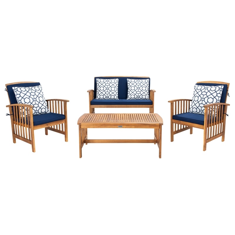 Safavieh Rocklin Wood 4 Pc Outdoor Set  in Natural / Navy
