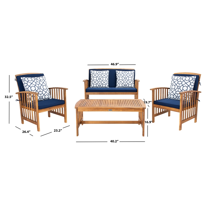 Safavieh Rocklin Wood 4 Pc Outdoor Set  in Natural / Navy