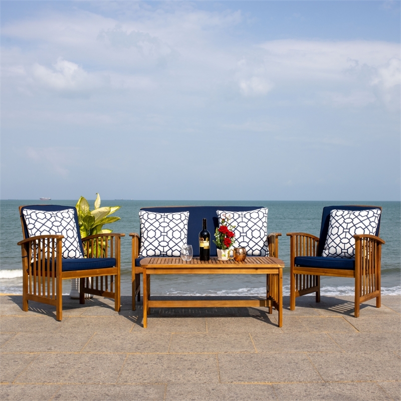 Safavieh Rocklin Wood 4 Pc Outdoor Set  in Natural / Navy