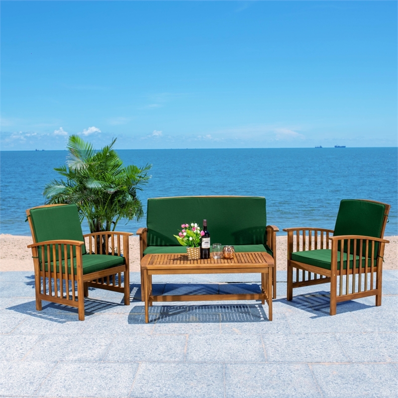 Safavieh Rocklin Wood 4 Pc Outdoor Set in Natural / Green