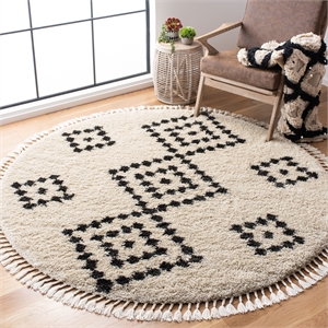 Safavieh Moroccan Fringe Shag 200 6'-7&quot x6'-7&quotPower Loomed Rug in Cream/Charcoal
