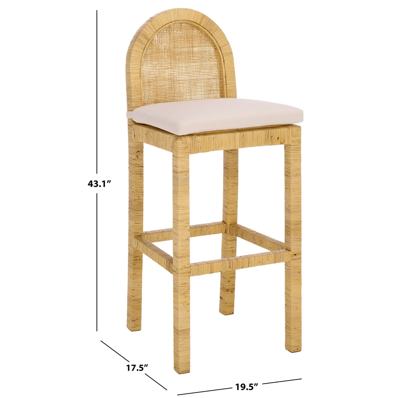 Safavieh Tojo Cane Round Back Wood Bar Stool in Natural / White