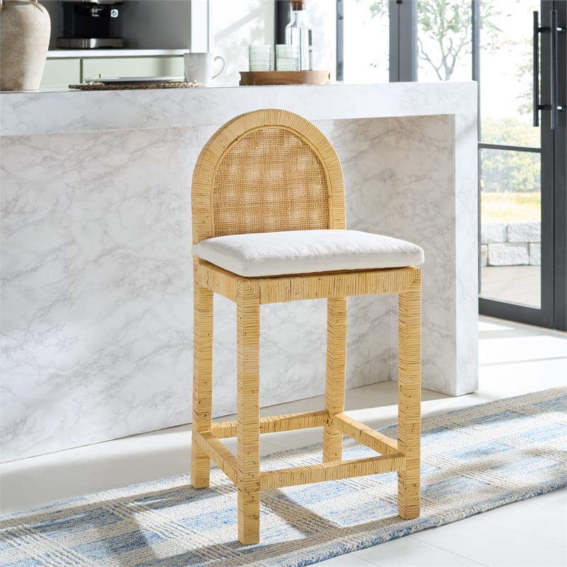 Safavieh Tojo Cane Roundback Wood Counter Stool in Natural / White